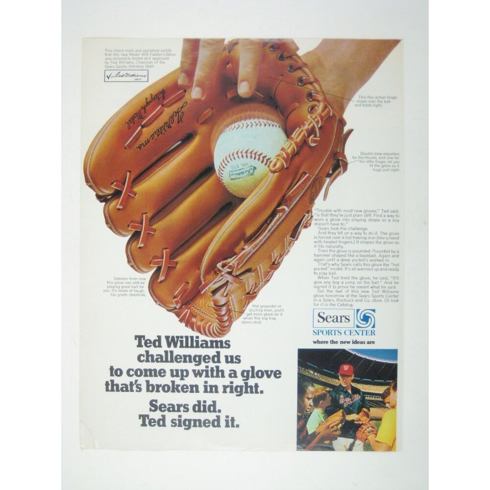 Ted Williams Sears Fielders Glove Vintage Print Ad Sports 1970s Baseball